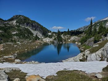 Scenic view of lake and mountains against clear blue sky