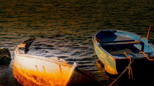 High angle view of boat moored on beach