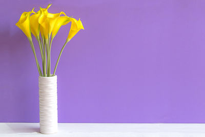 Close-up of yellow flower vase on table