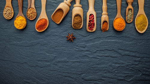 Directly above view of spices in spoons on floor