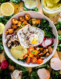 High angle view of breakfast served on table