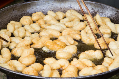 High angle view of vegetables in cooking pan