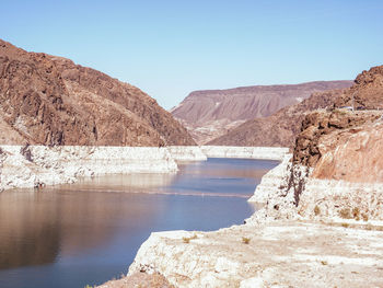 Scenic view of lake and mountains against clear sky