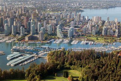 High angle view of river and buildings in city