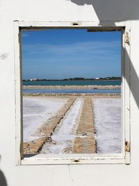 Scenic view of sea against sky seen through window