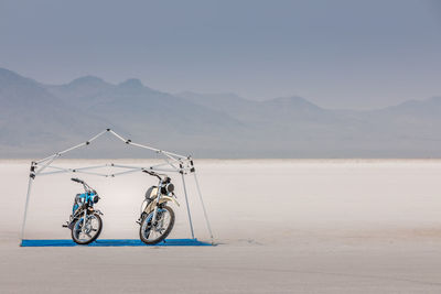 Motorcycles parked at bonneville salt flats