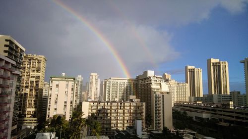 Rainbow over buildings in city against sky