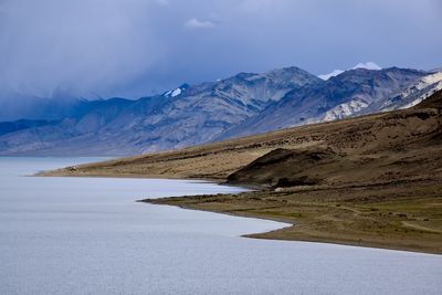 Scenic view of mountainous shoreline of a lake  against sky. greater himalayas indus ladakh.