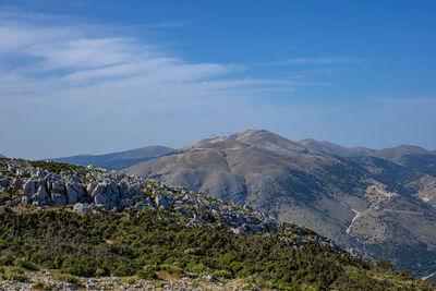 Scenic view of landscape and mountains against sky