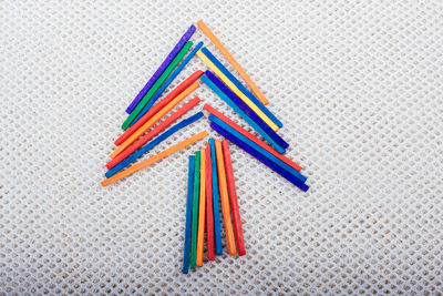 High angle view of multi colored pencils on table