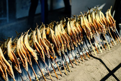 Line of barbequed fish on sticks at front of street food vendor