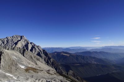 Scenic view of snowcapped mountains against clear blue sky