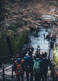 Rear view of students carrying backpacks while moving down steps