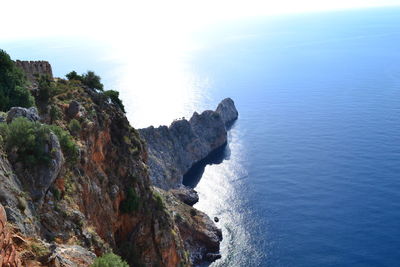 Rock formations by sea against sky