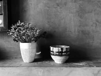 Close-up of potted plants on table against wall at home