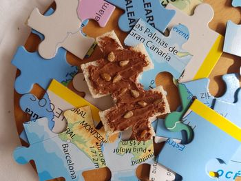 High angle view of cookies on table