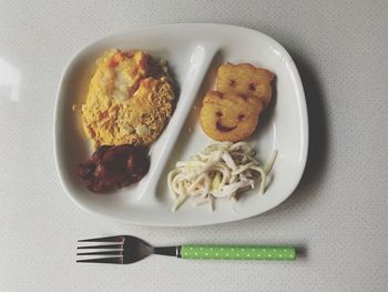 High angle view of breakfast served on table