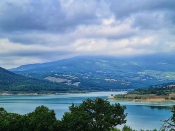 Scenic view of lake and mountains against sky