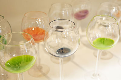 Close-up of wine glasses on table