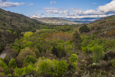 Scenic view of green landscape and mountains against sky