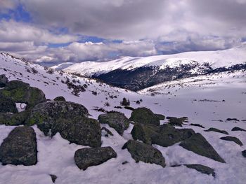 Scenic view of snowcapped mountains against sky