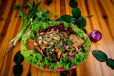 High angle view of leaves on table