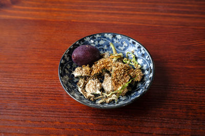 High angle view of breakfast served on table