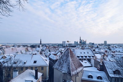 High angle view of townscape against sky during winter