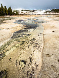 Close-up of sand on shore against sky