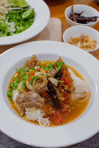 High angle view of food in plate on table