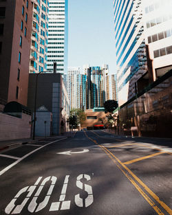 City street and modern buildings against sky