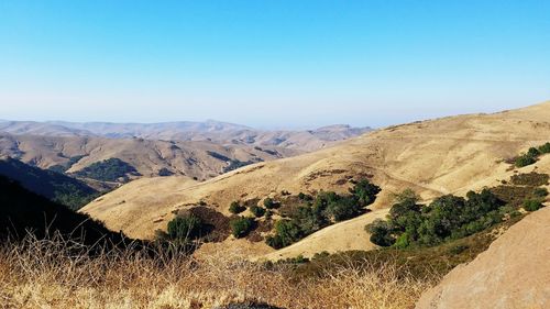 Scenic view of mountains against clear blue sky