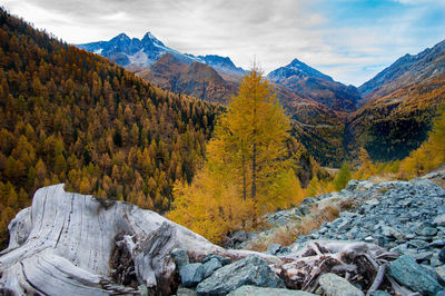 Scenic view of mountains against sky during autumn