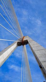 Low angle view of suspension bridge against sky