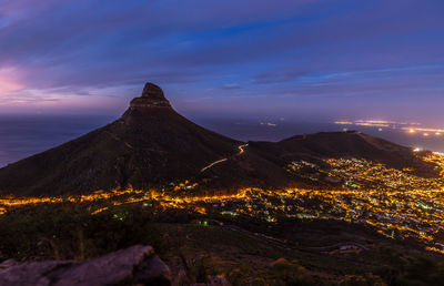 Scenic view of illuminated city by mountain against sky during sunset