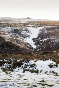 Scenic view of snow covered beach against clear sky