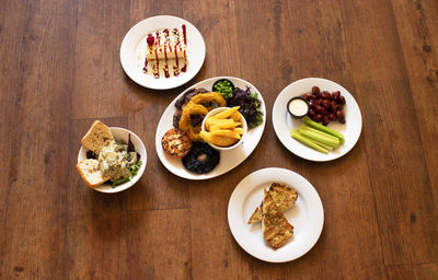 High angle view of breakfast served on table