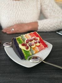 Close-up of cake served on table