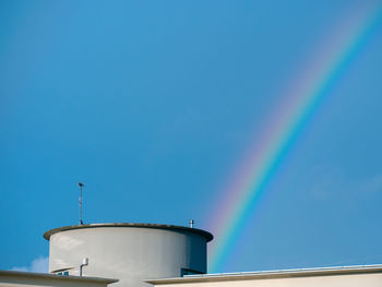 Detail of a rainbow seen above the roof of a building.