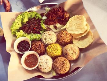Close-up of food served on table