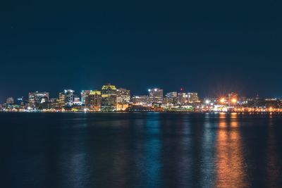 Illuminated city buildings at night