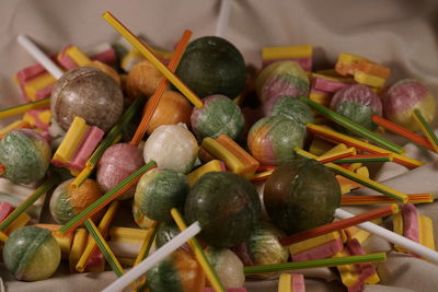 Colorful candies on tablecloth