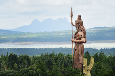 Shiva statue by trees against river