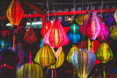 Full frame shot illuminated lanterns hanging for sale at market