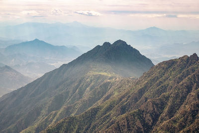 Scenic view of mountains against sky at sunset