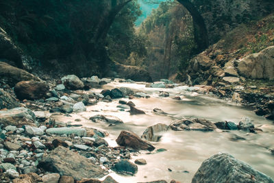 Scenic view of river flowing through rocks