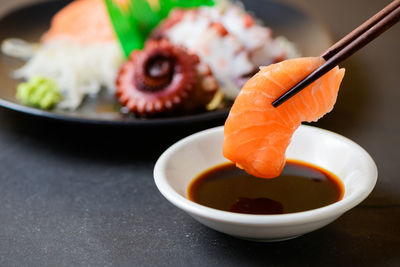 Close-up of sushi in plate on table