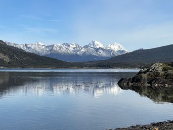 Scenic view of lake and mountains against sky