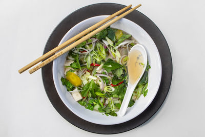 High angle view of salad in bowl on table