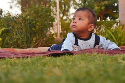 Cute boy looking away while sitting on grass